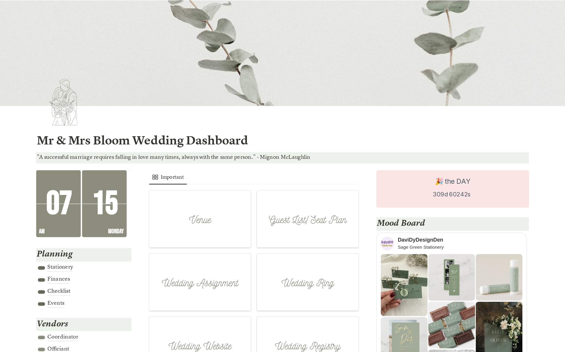 A template preview for Wedding Planner Sage Green Theme