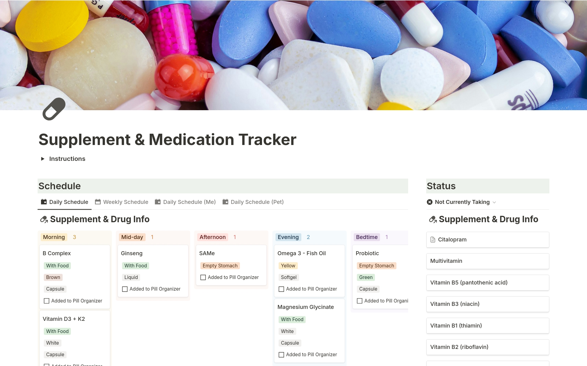 A template preview for Supplement & Medication Tracker