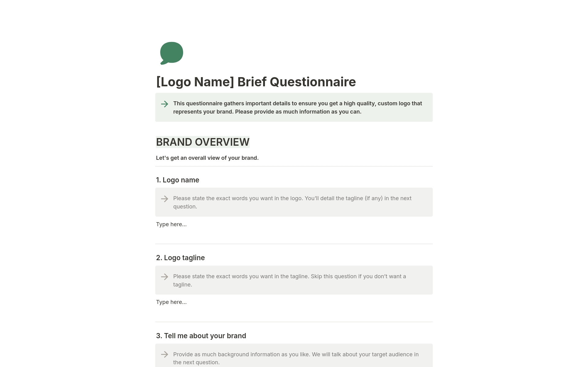 Eine Vorlagenvorschau für Logo Brief Questionnaire