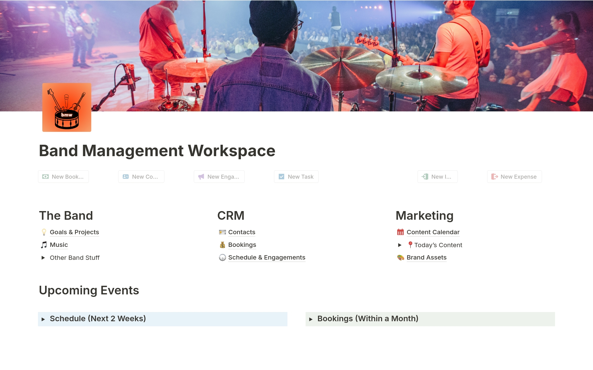 The Band Management Workspace is the ultimate Notion template for Live musicians and Bands. Streamline your band's operations with a centralized hub for songs, setlists, goals & projects, finances, marketing, and many more, in a collaborative environment with your band members! 
