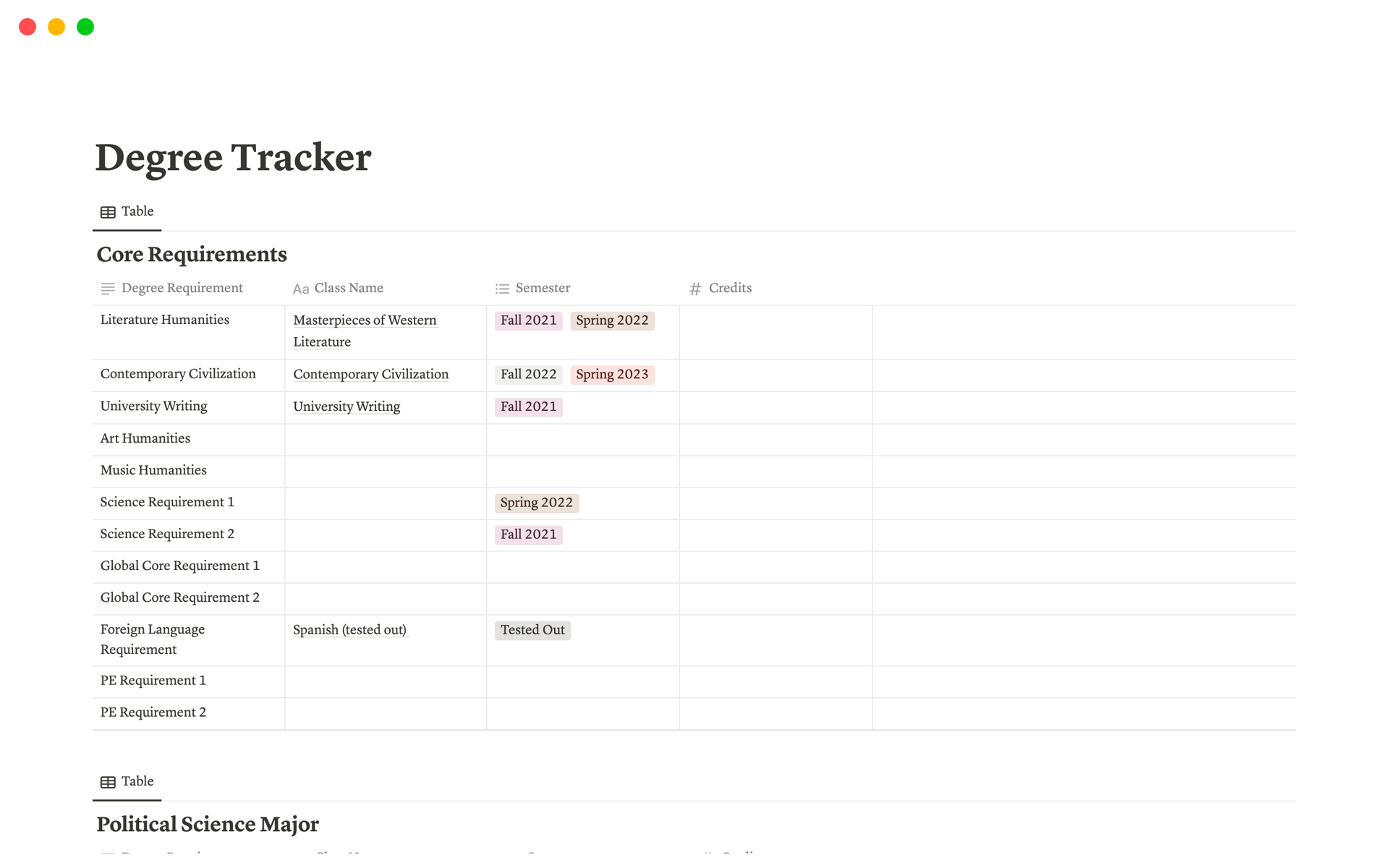 A template preview for Degree Tracker