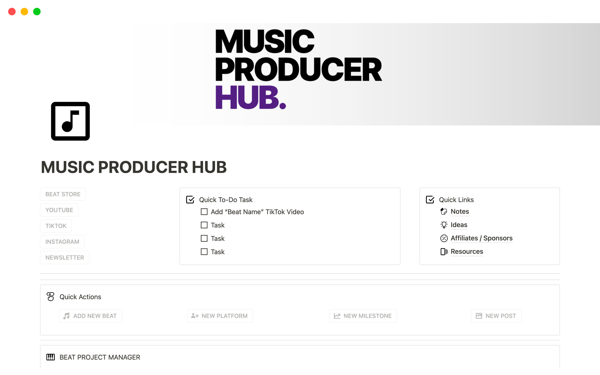 A template preview for Music Producer Hub