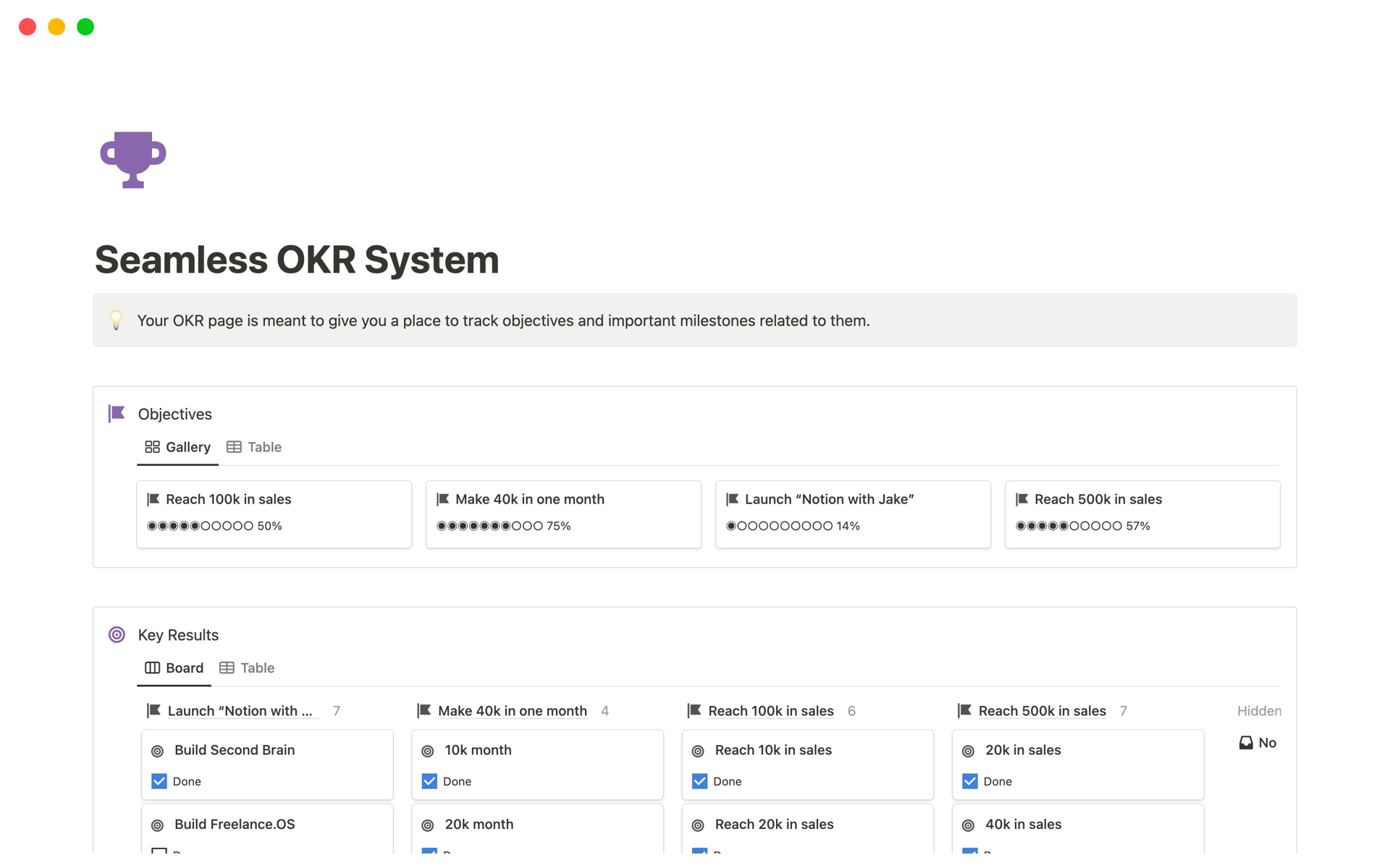 A template preview for Seamless OKR System