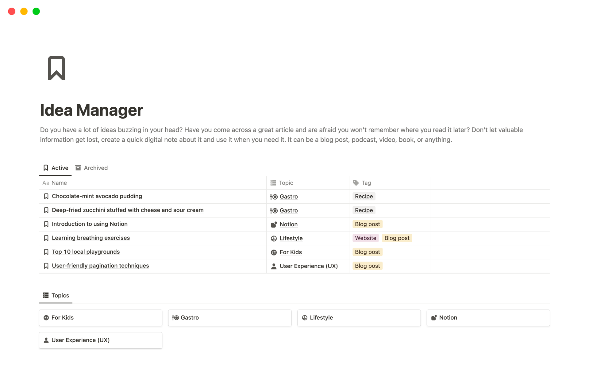 A template preview for Idea Manager Simple