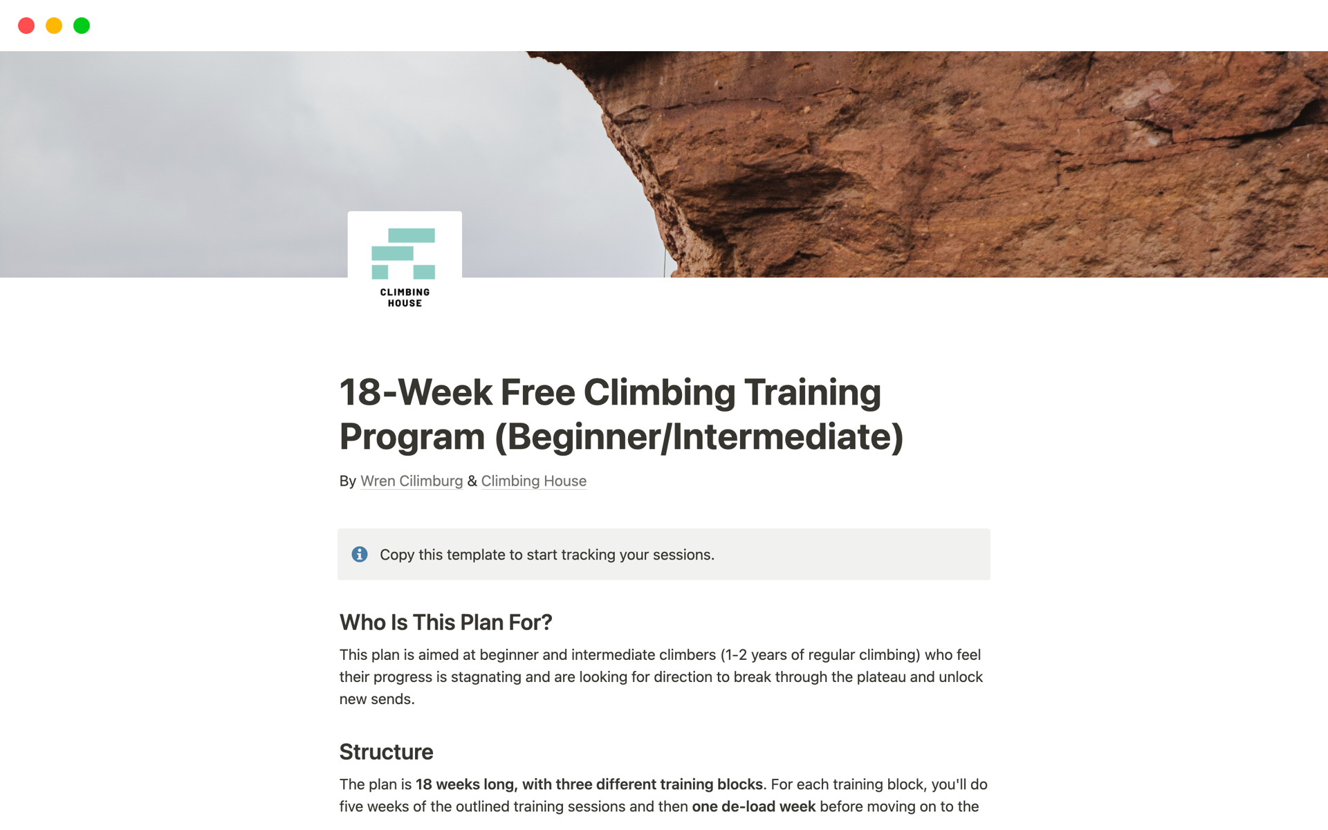 A template preview for 18-Week Climbing Training Program