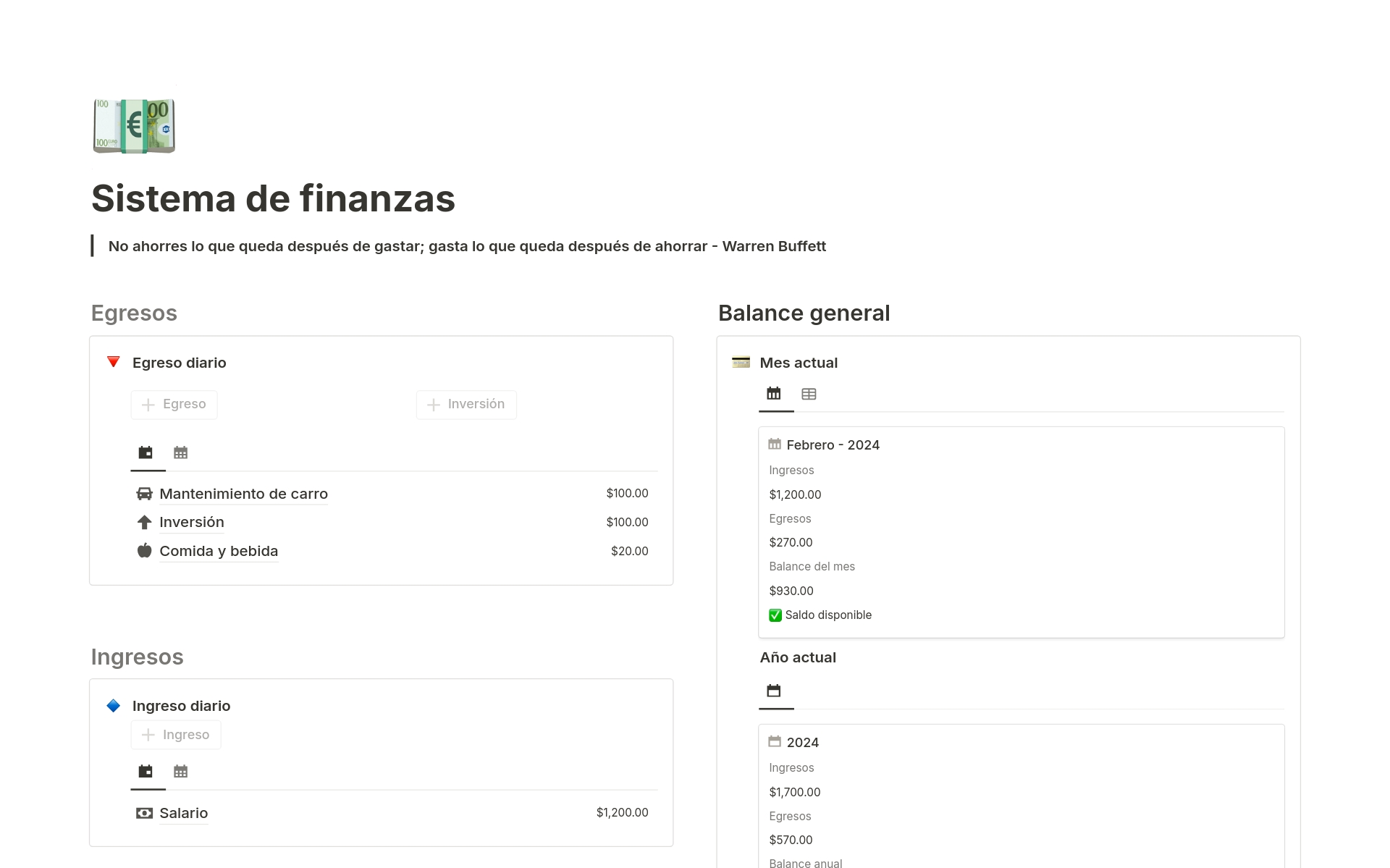 A template preview for Finanzas personales