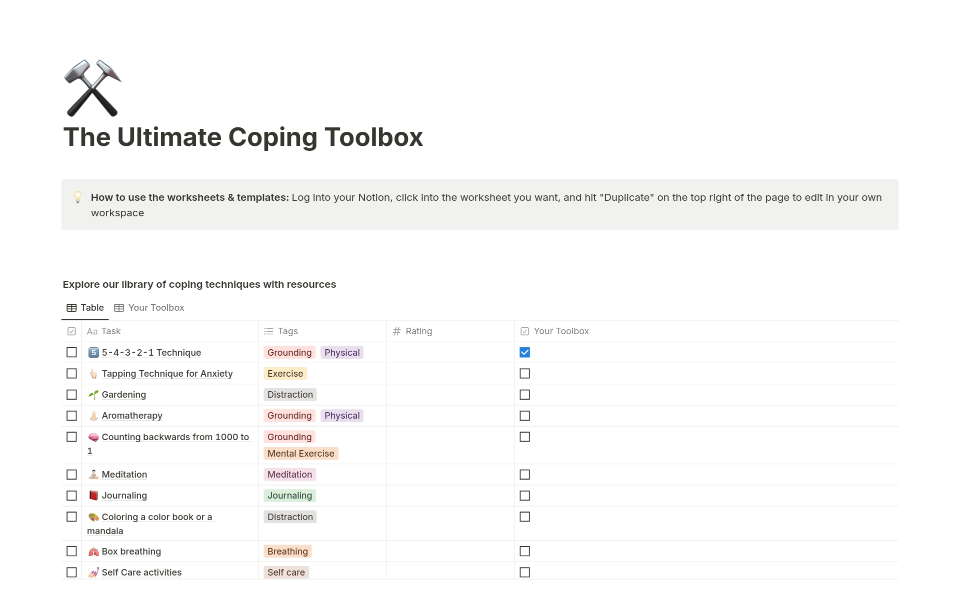 The Ultimate Coping Toolboxのテンプレートのプレビュー