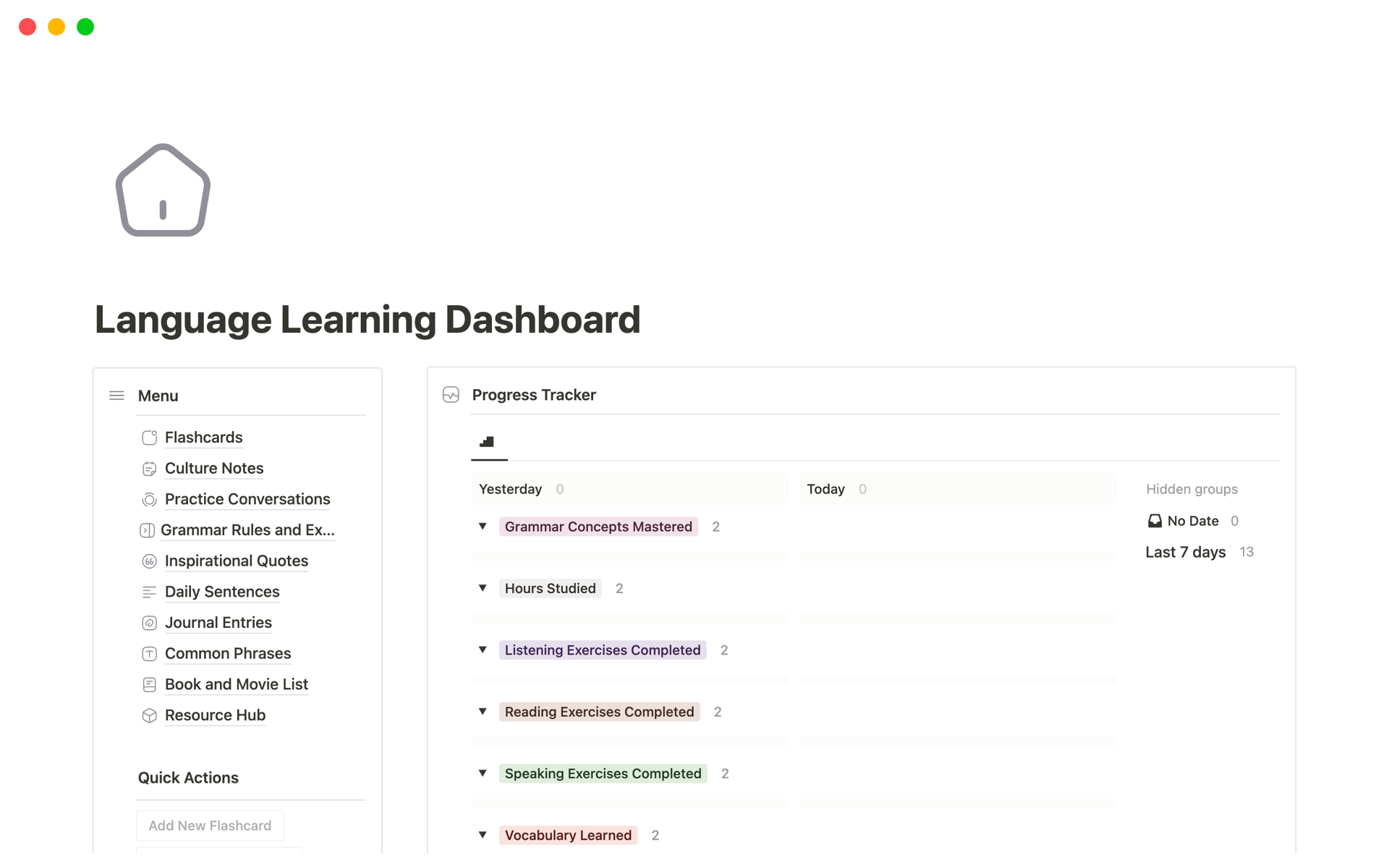 Language Learning Dashboardのテンプレートのプレビュー