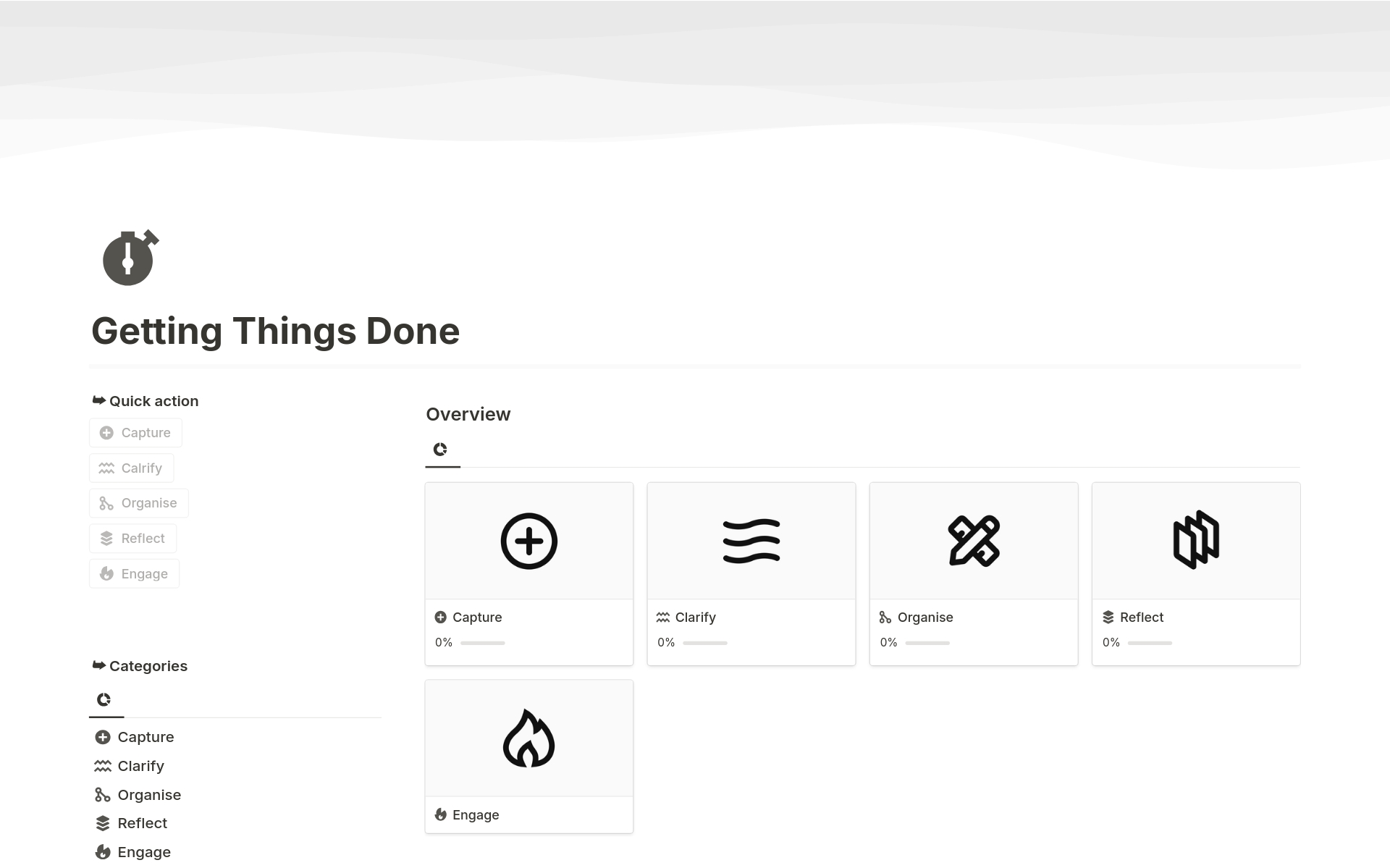 Vista previa de una plantilla para Getting Things Done