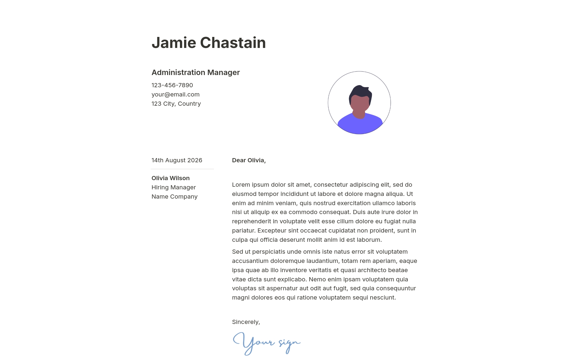 A template preview for Application Job Letter