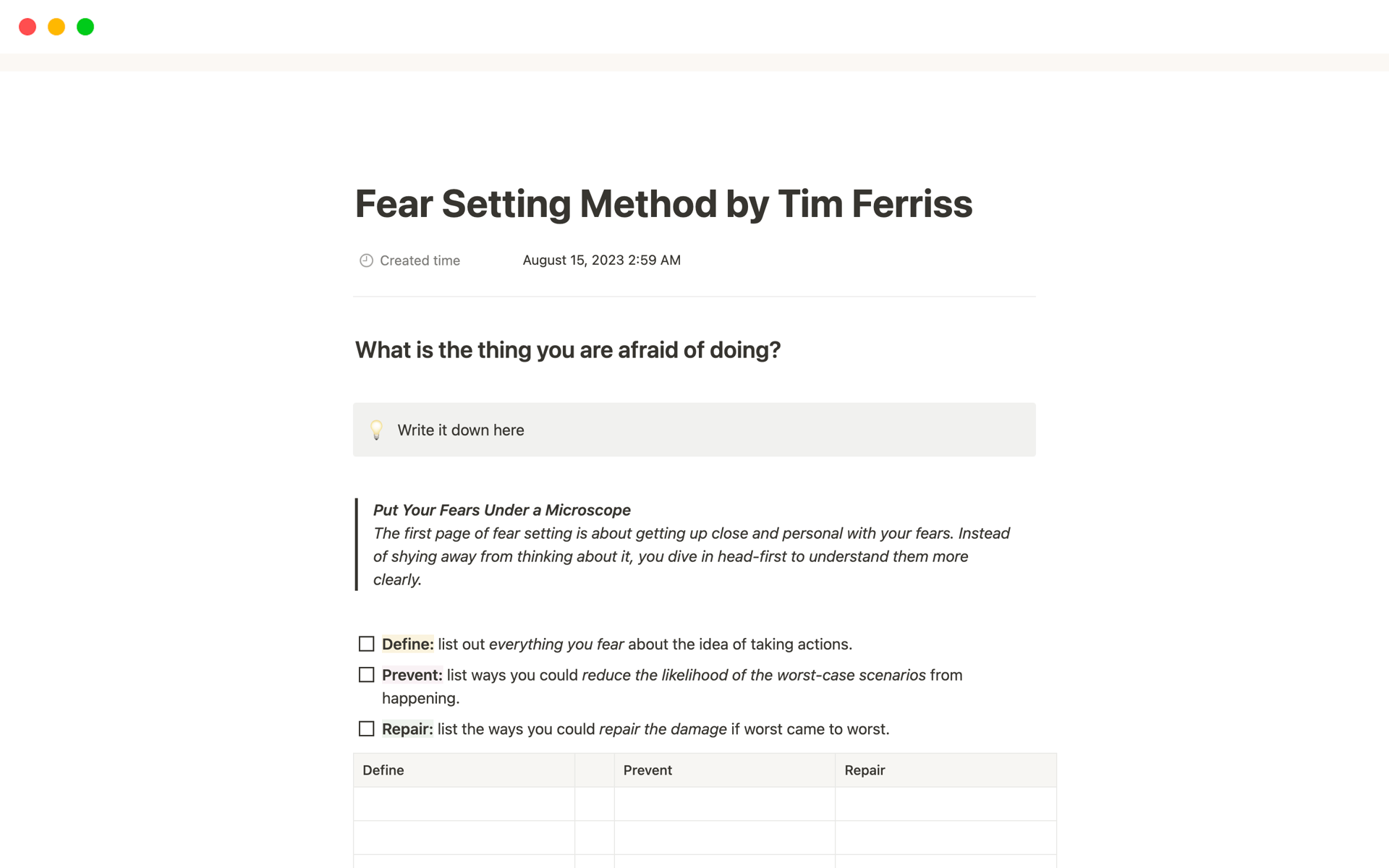 Fear Setting Method by Tim Ferriss Notion Template