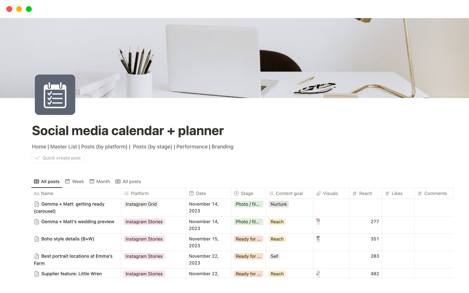 A template preview for Social media calendar + planner
