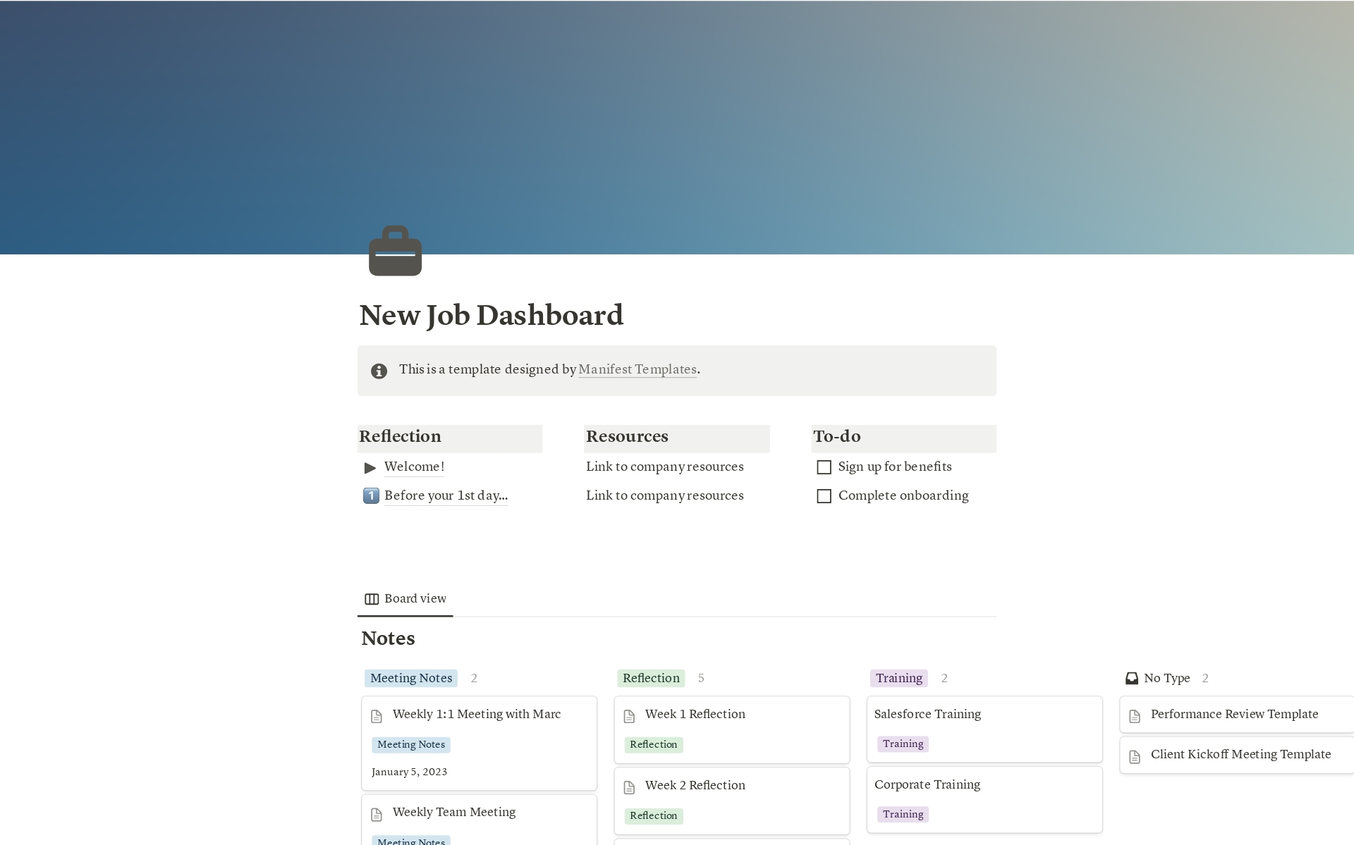 Stay organized at your new job with this work dashboard. Included meeting notes template, reflection questions prompt to track your first 30/60/90 days at the job, tips on acing your first week at the job. Starting a new job can be an exciting and daunting experience. 