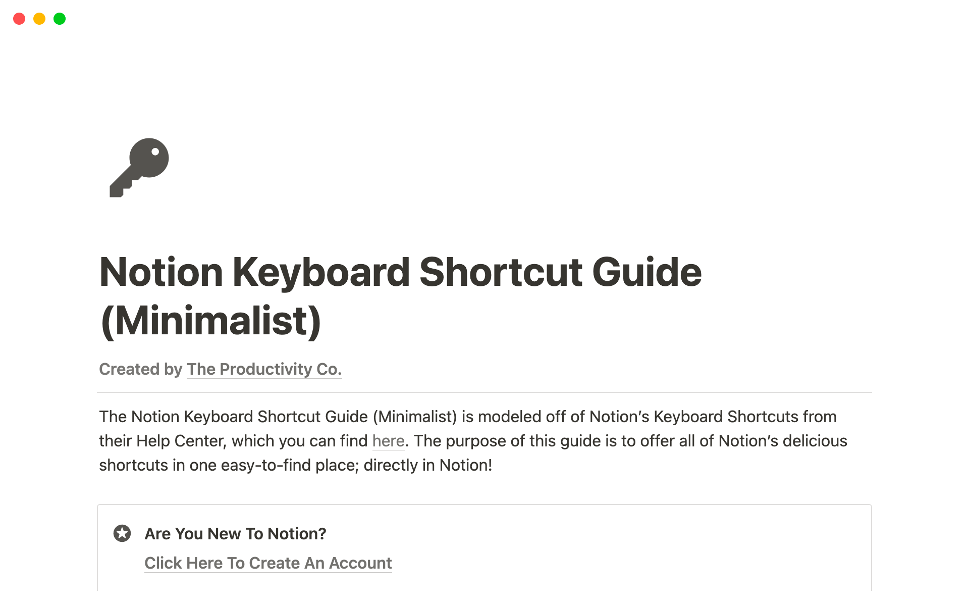 Vista previa de plantilla para Notion Keyboard Shortcut Guide (Minimalist)