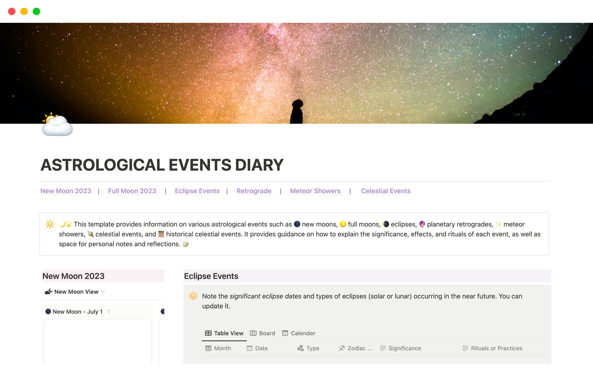 Astrological events diary template notion marketplace
