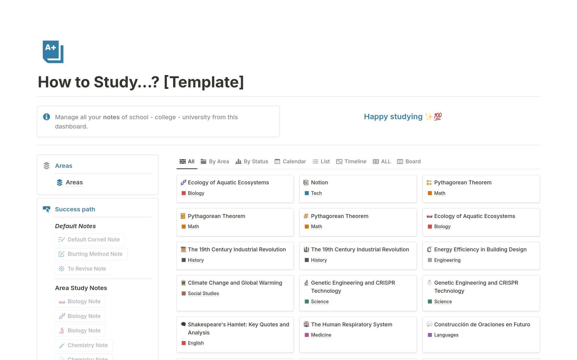 This template provides a comprehensive "How to Study…?" guide with diverse Cornell Note-taking, Blurting Method Note templates for subjects like History, Science, Math, English, Medicine, Languages, and more, all powered by Notion AI and Notion Automations. 