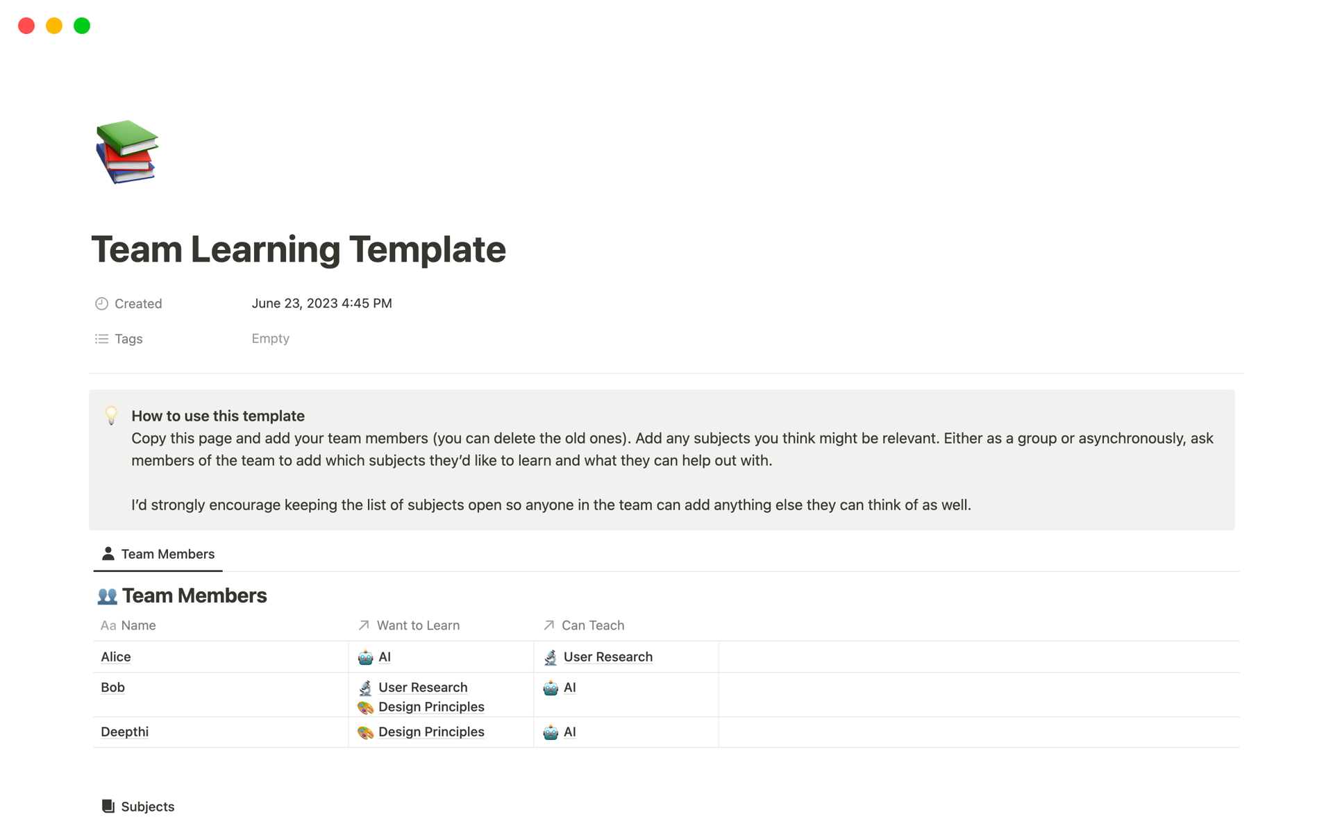 A template preview for Team Learning Template