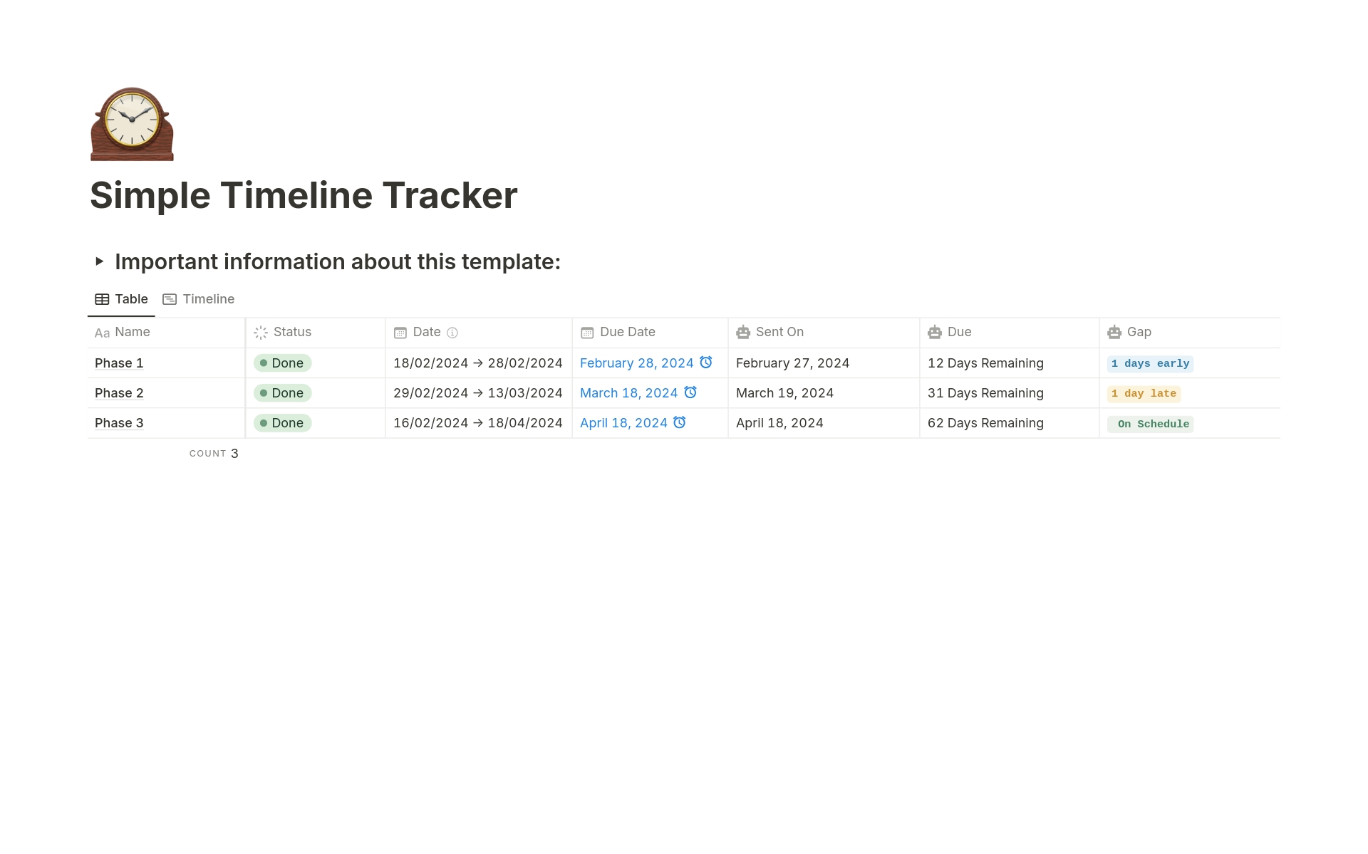 A template preview for Simple Timeline Tracker