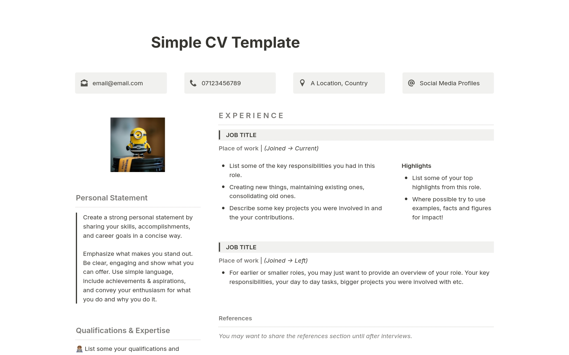 A template preview for Simple CV