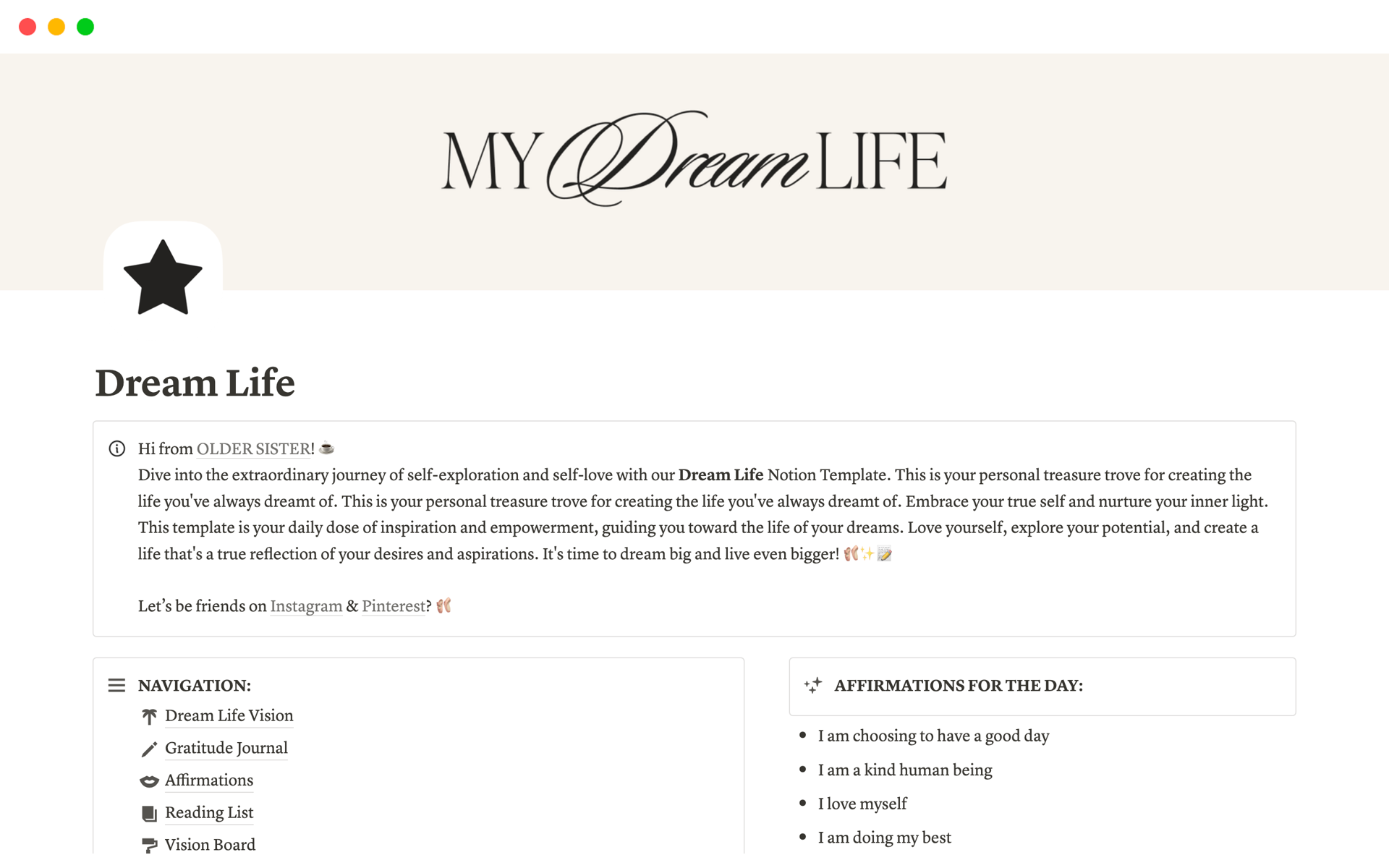 A template preview for Dream Life