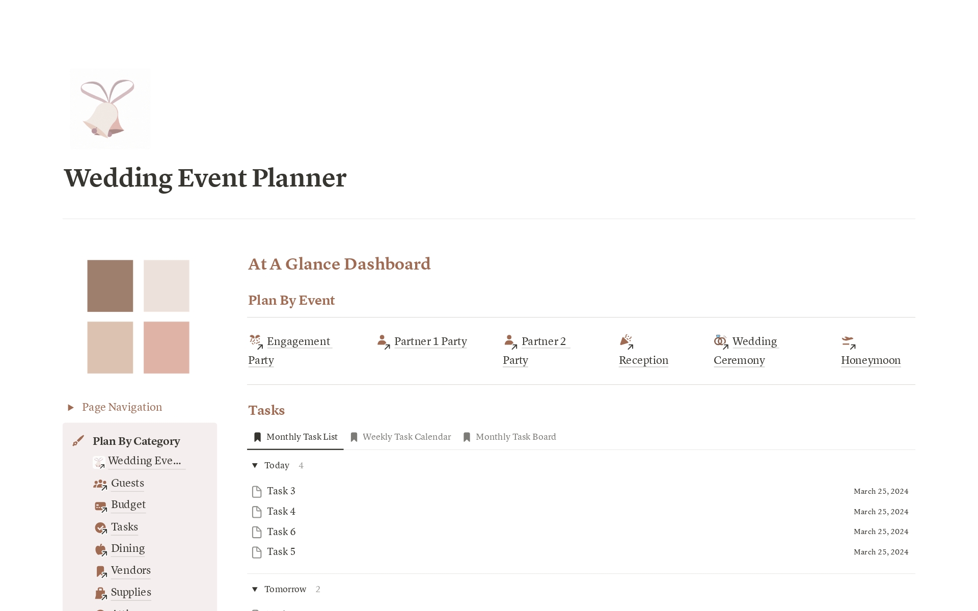 Planning a wedding can feel overwhelming. This planner lets you bring your vision to life while your planner does the admin work for you. Includes dedicated sections to plan Mood Boards, Seating Arrangements, Timelines, Guest Lists, Activities, Budgets, Supplies, and more.
