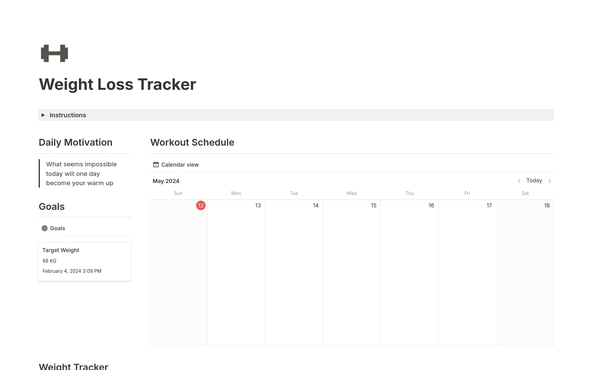 Effortlessly achieve weight loss goals with our all-in-one Weight Loss Tracker Notion Template, featuring customizable targets, motivational quotes, weight tracking with trends line, and a workout database with automatic calorie calculations.