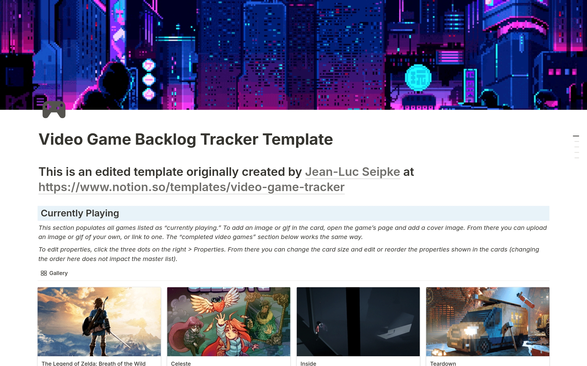 Video Game Backlog Tracker by Rumpkin Notion Template