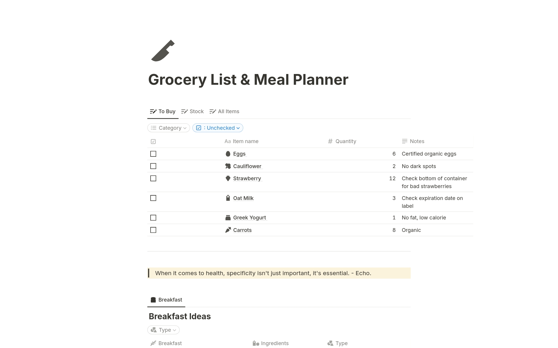 A template preview for Grocery List and Meal Planner