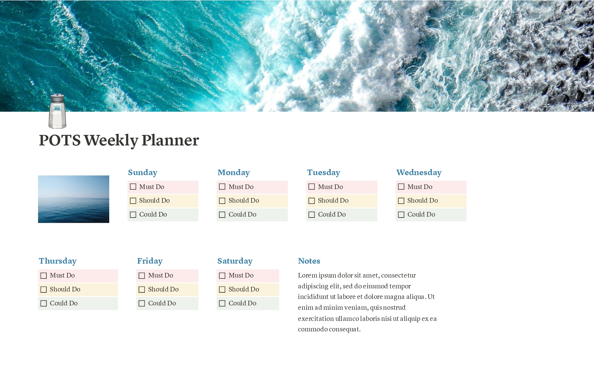 A template preview for POTS Weekly Planner