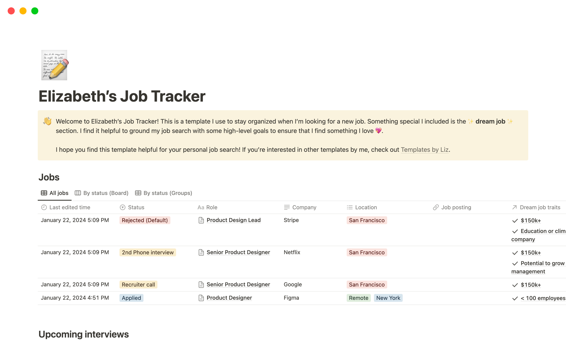 Aperçu du modèle de Elizabeth’s Job Tracker