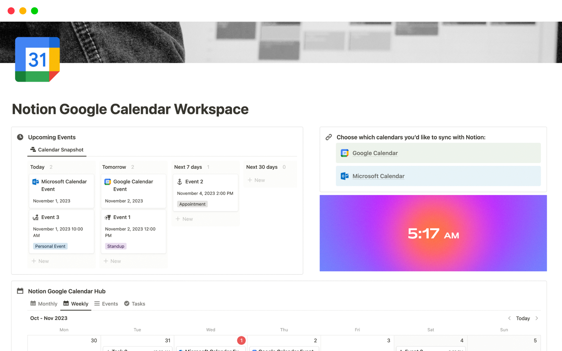 A template preview for Google Calendar