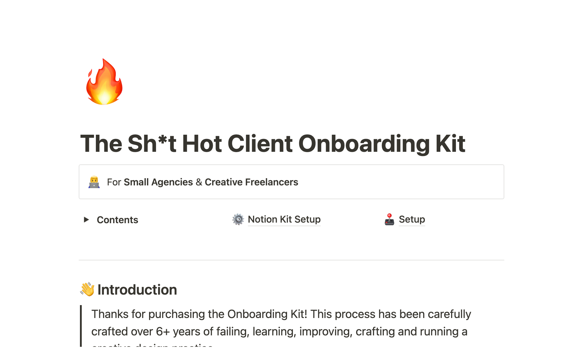 An easy-to-use, time-saving, no-nonsense kit for freelancers and small agencies looking to have better documentation, security and process for big fish clients.