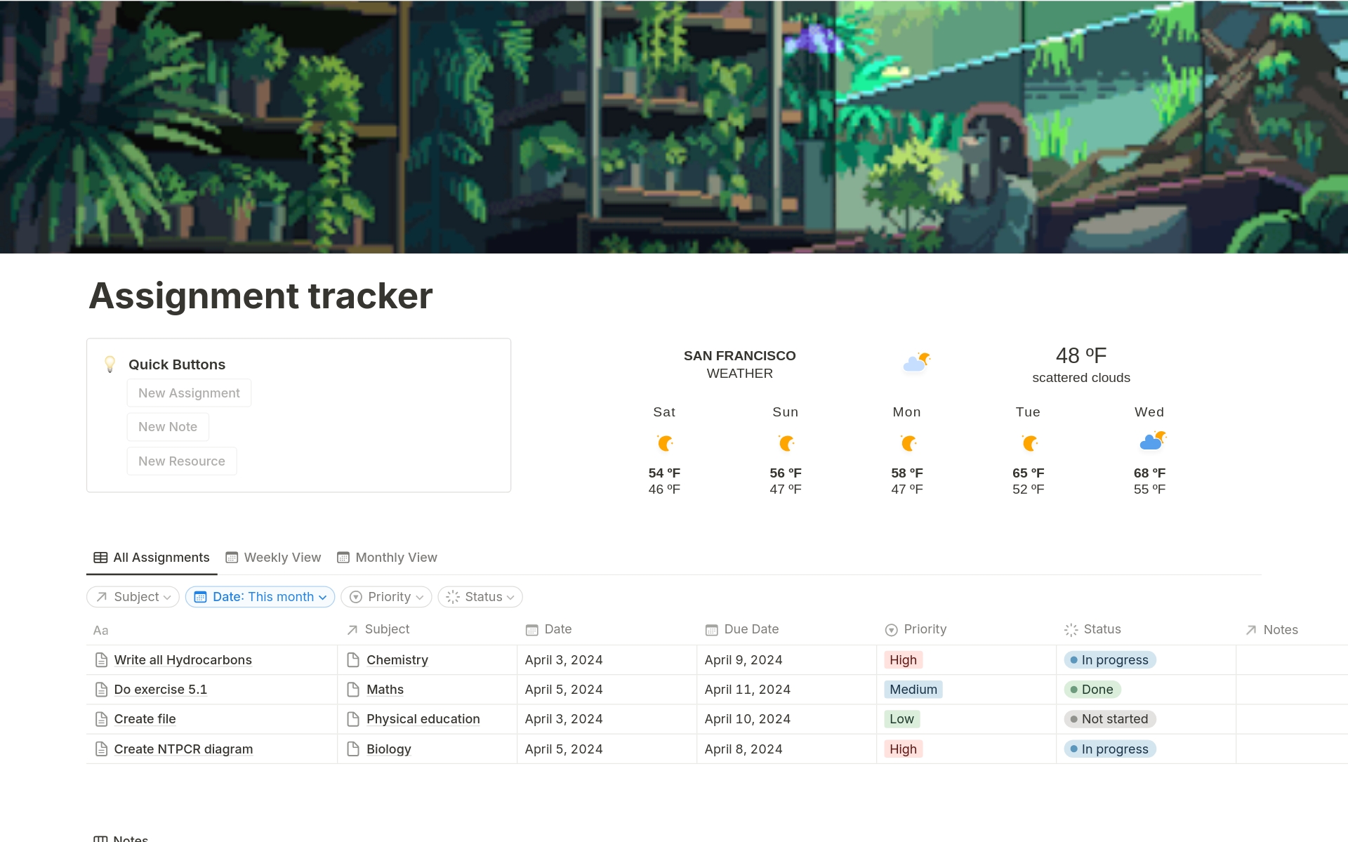 A template preview for Assignment tracker