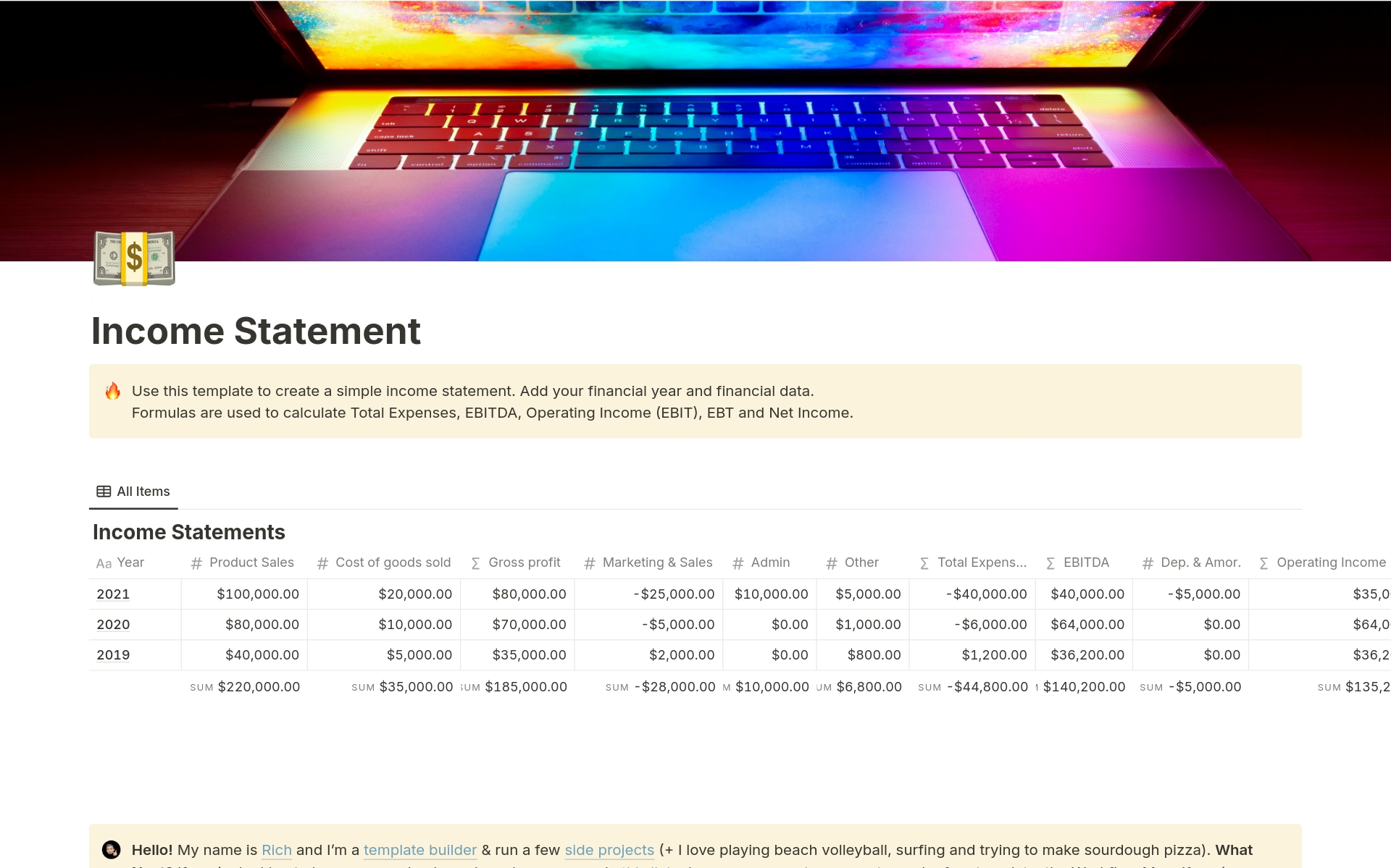A template preview for Income Statement