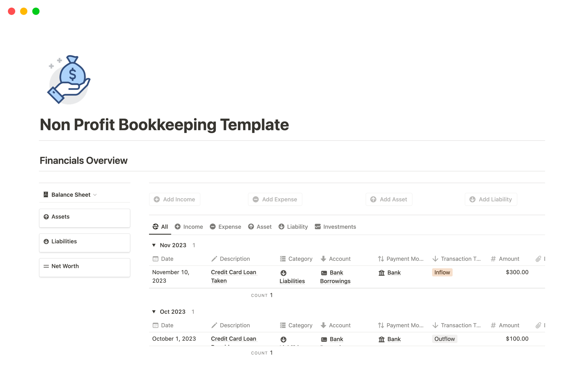 This bookkeeping template is a simple tool designed to help non profit organizations keep track of their financials including income and expenses, cash flow, tracking net worth, providing balance sheet and much more