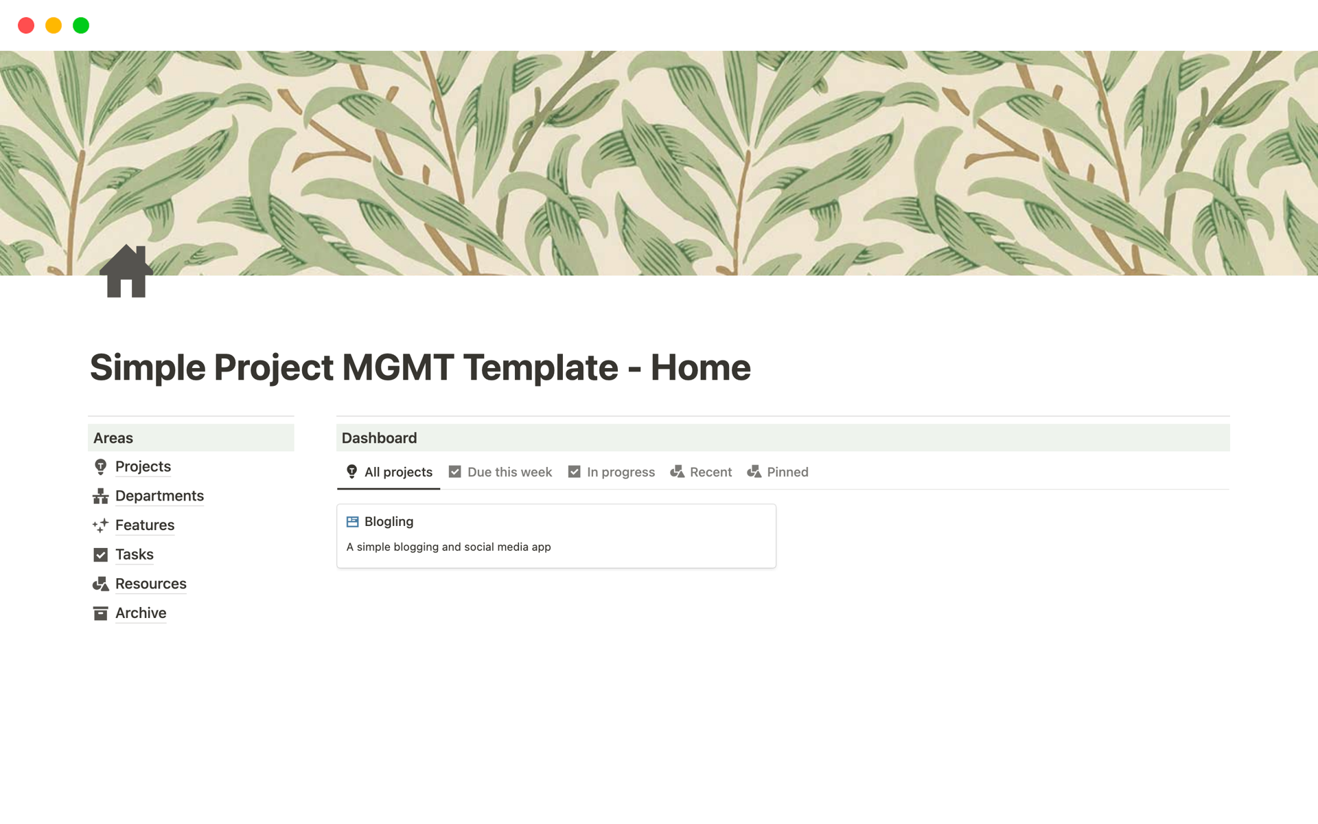 A template preview for Simple Project MGMT Template - Home