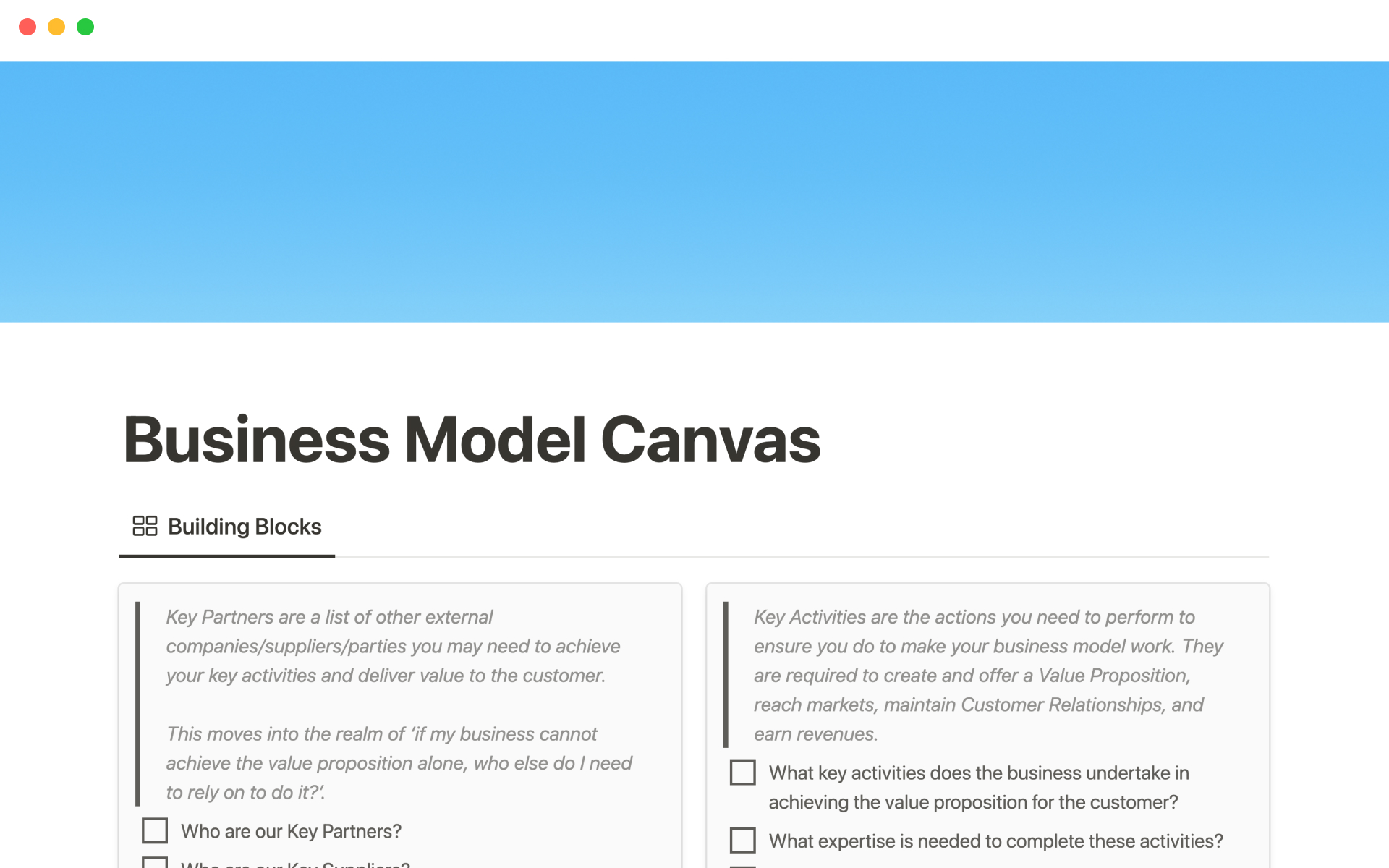 Vista previa de una plantilla para Business model canvas