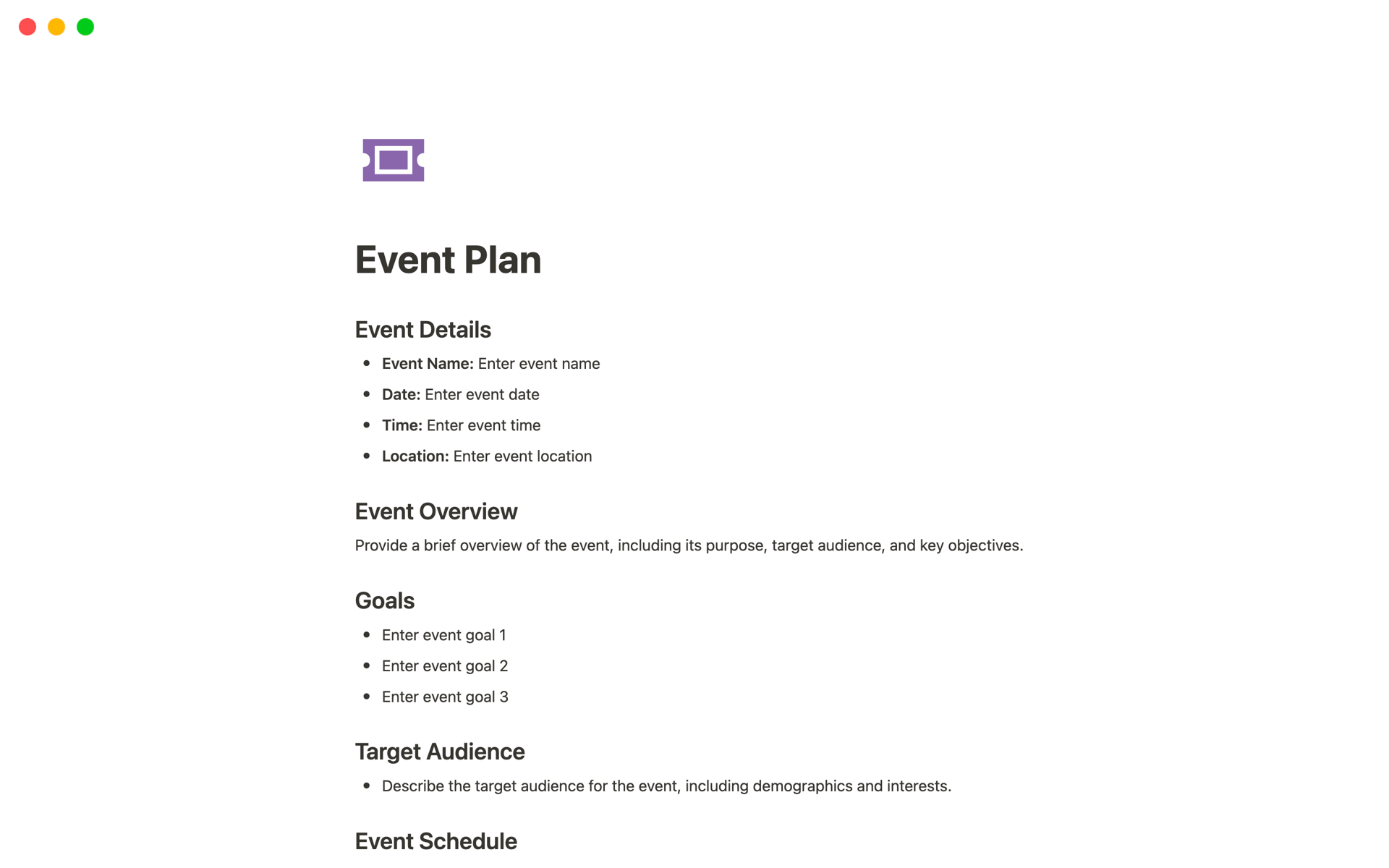 Craft a detailed blueprint of your upcoming event with our comprehensive Event Plan template.
