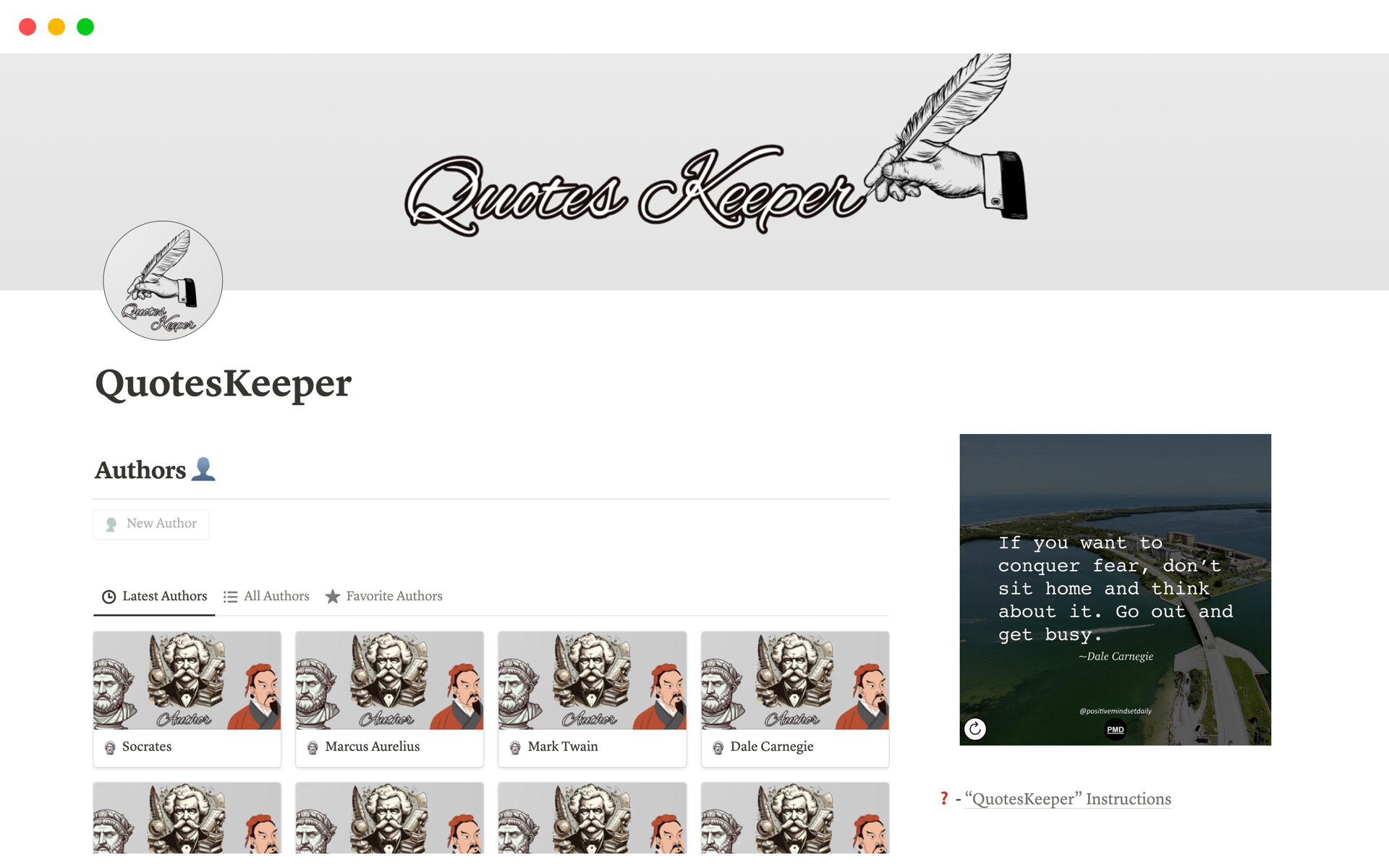 A template preview for QuotesKeeper