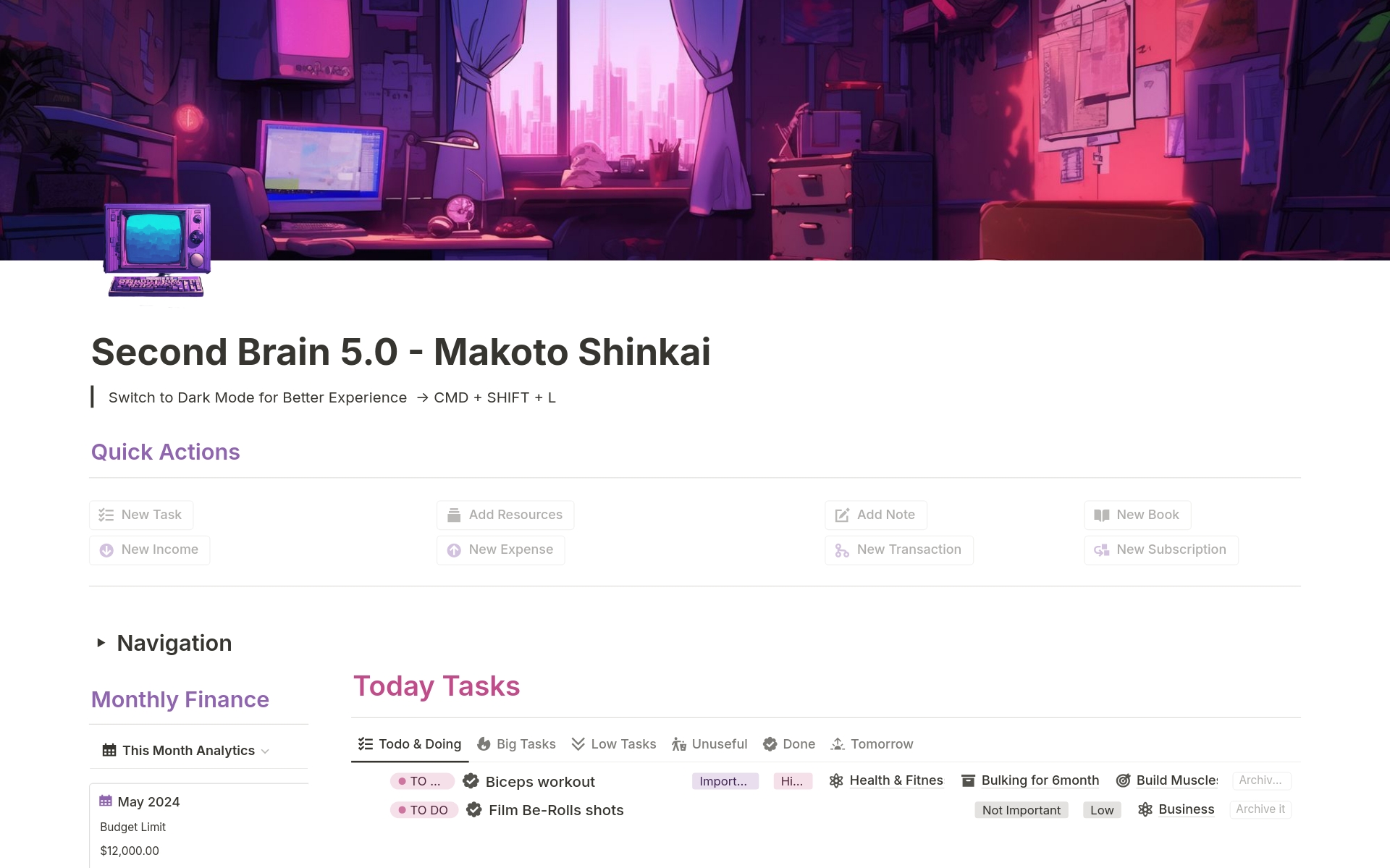 A template preview for Second Brain 5.0 Makoto Shinkai