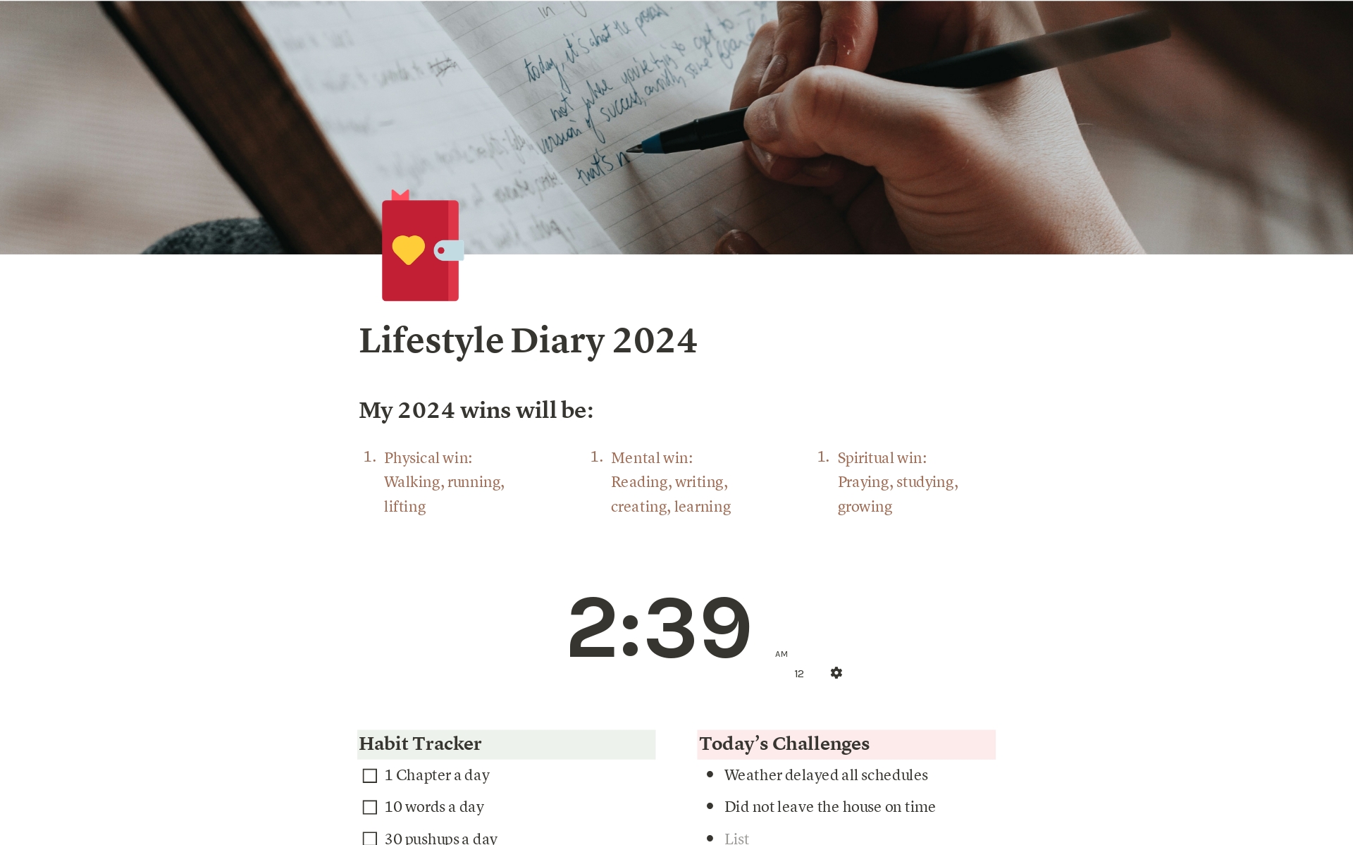 Vista previa de una plantilla para Lifestyle Diary 2024