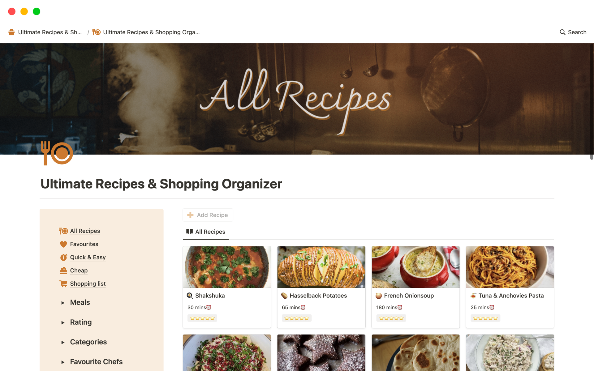 A template preview for Ultimate Recipes & Shopping Organizer