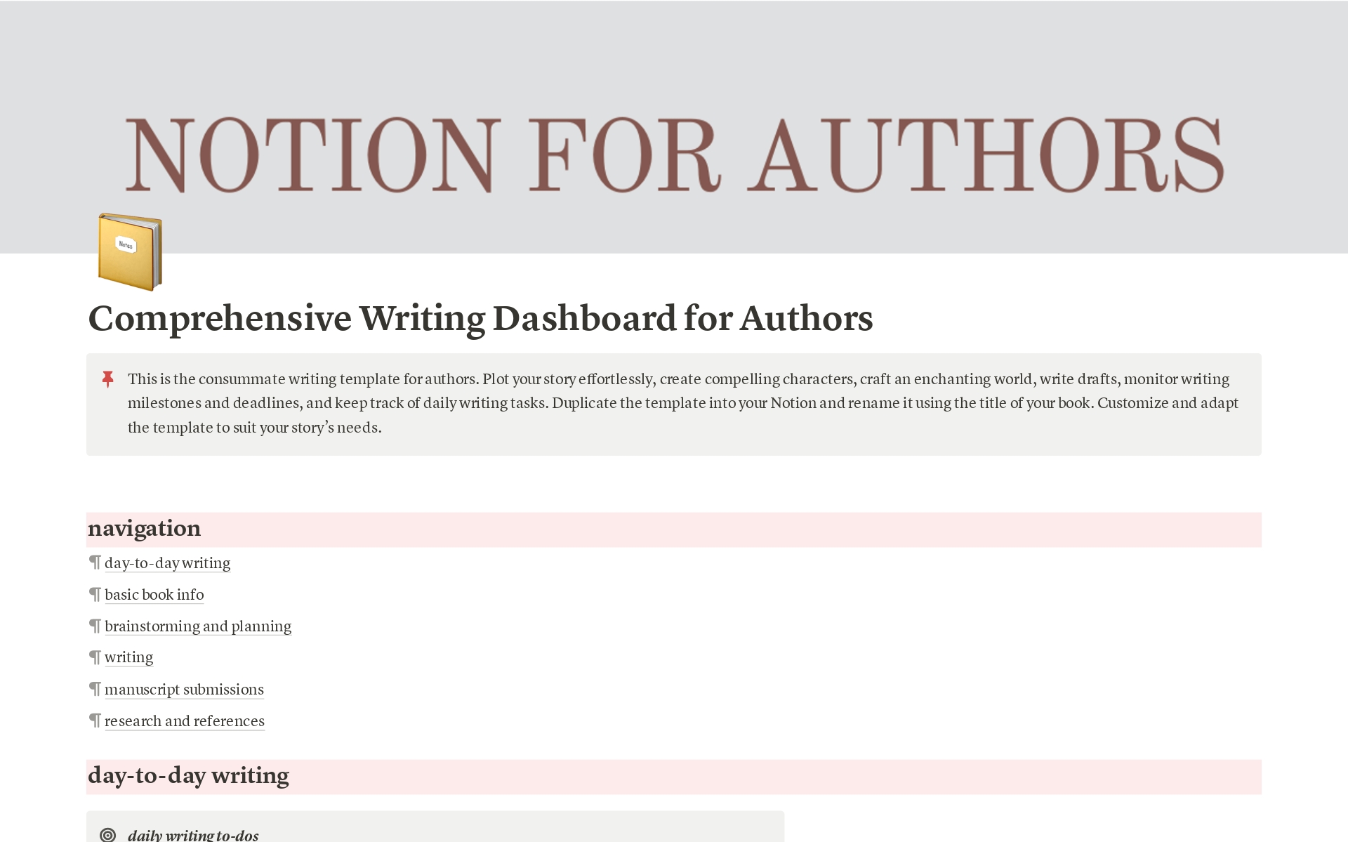 This template is designed to aid authors in all aspects of the writing process. From plotting to worldbuilding and character creation, writers will find this template the perfect writing companion.