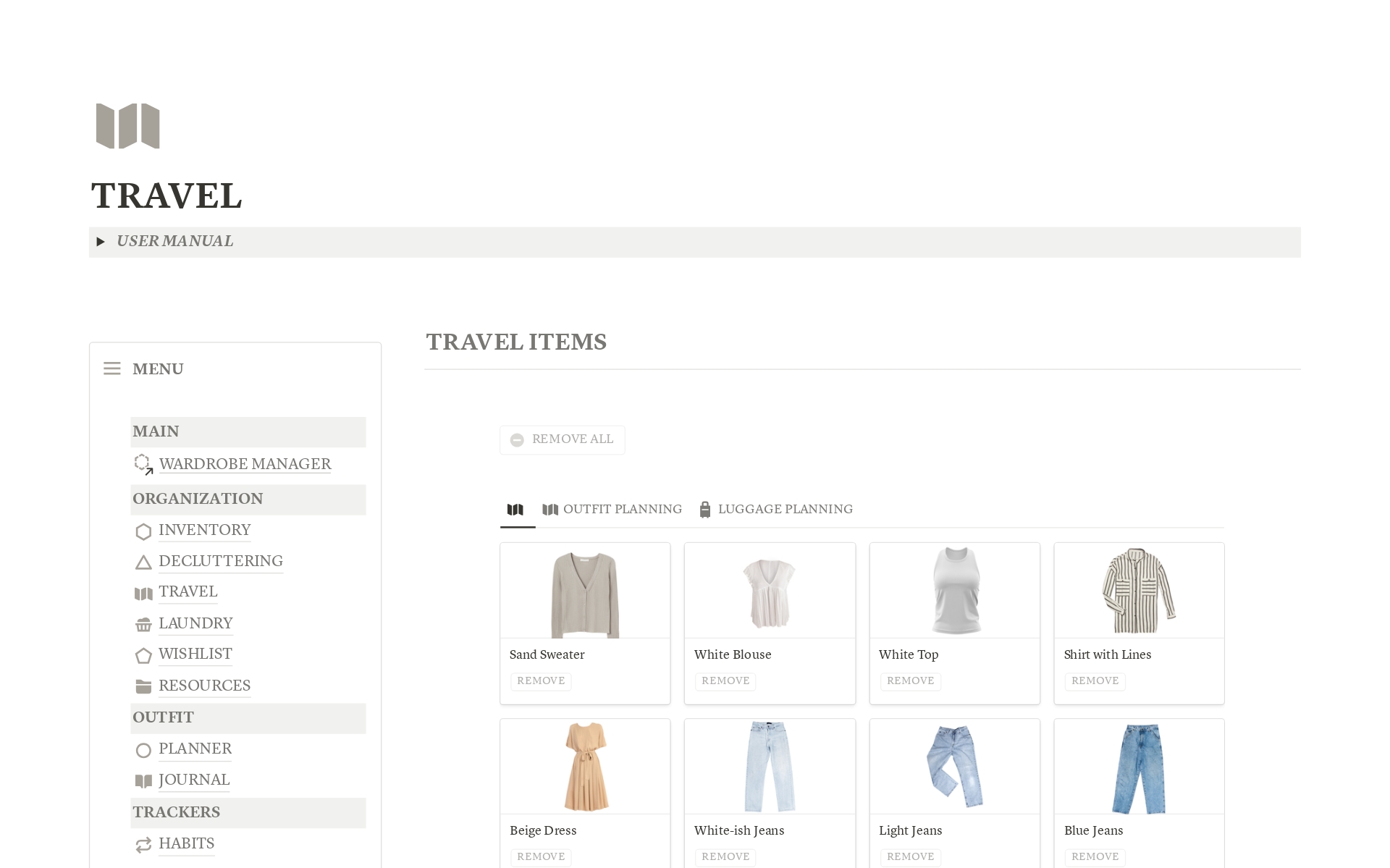 Streamline your wardrobe with our Wardrobe Manager. Easily categorize clothes, plan weekly outfits, and track style choices. Smart decluttering and spending tracking included. Manage laundry and travel outfits all in one place!