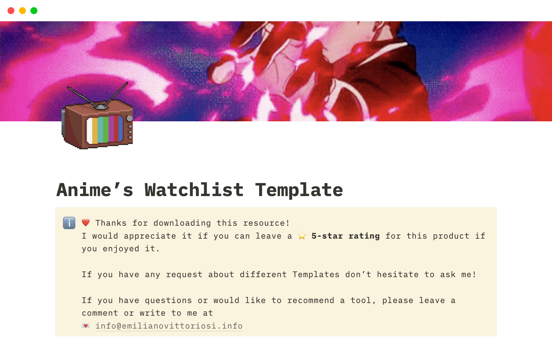 A template preview for Anime Watchlist Template
