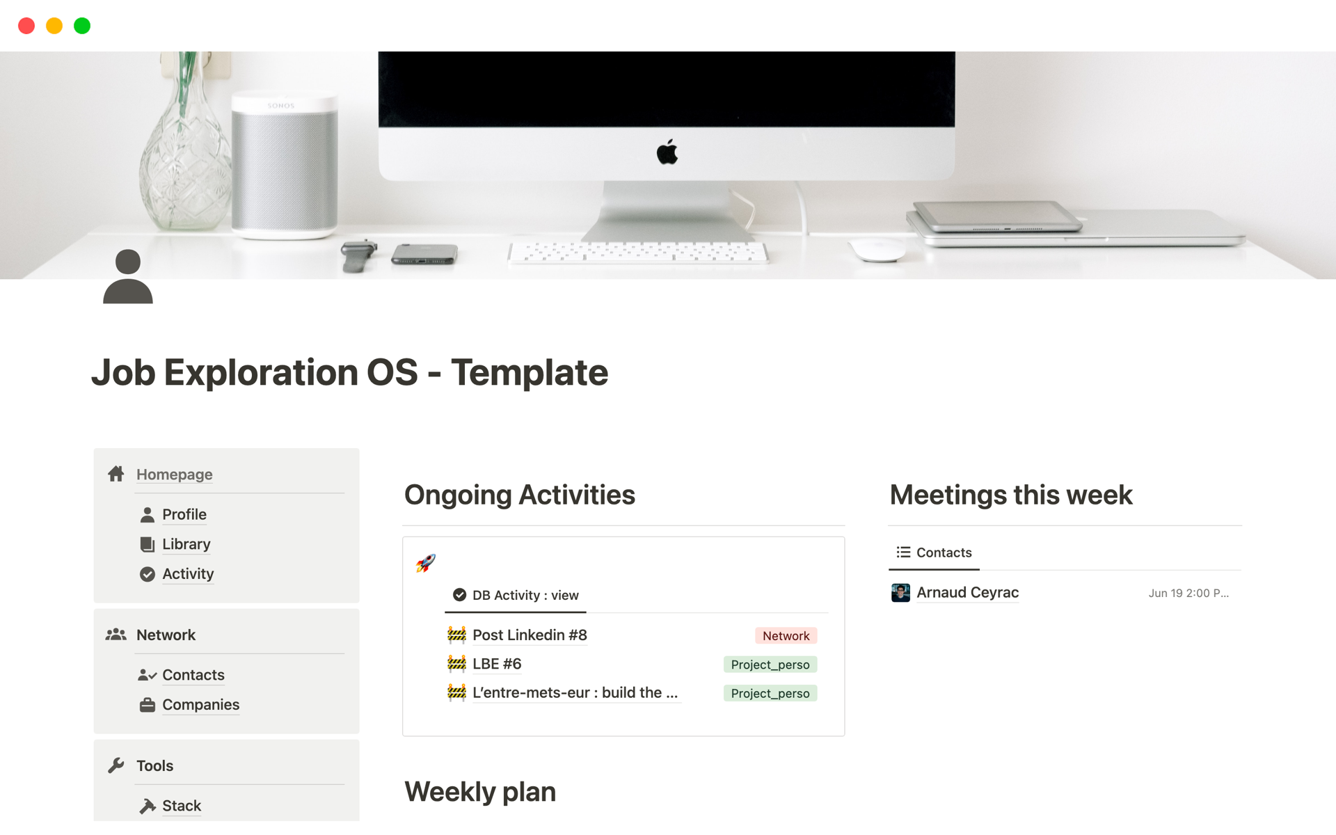 This template allows you to monitor your exploration phase of a new job (contacts, companies, training, media monitoring etc.)