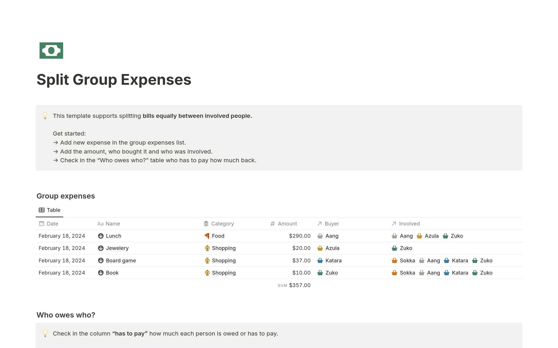 A template preview for Split Group Expenses