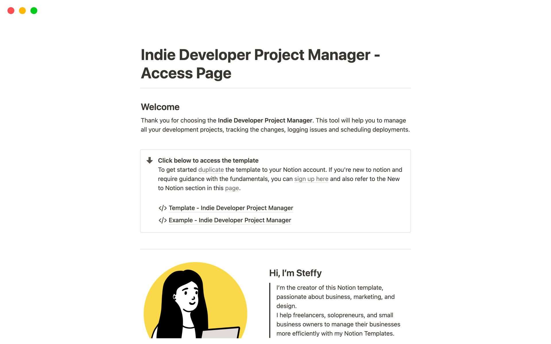 Vista previa de una plantilla para Indie Developer Project Manager - Access Page