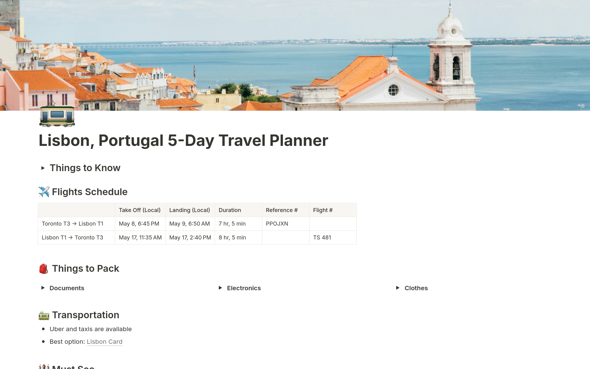 A template preview for 🚃 Lisbon, Portugal 5-Day Travel Itinerary Planner