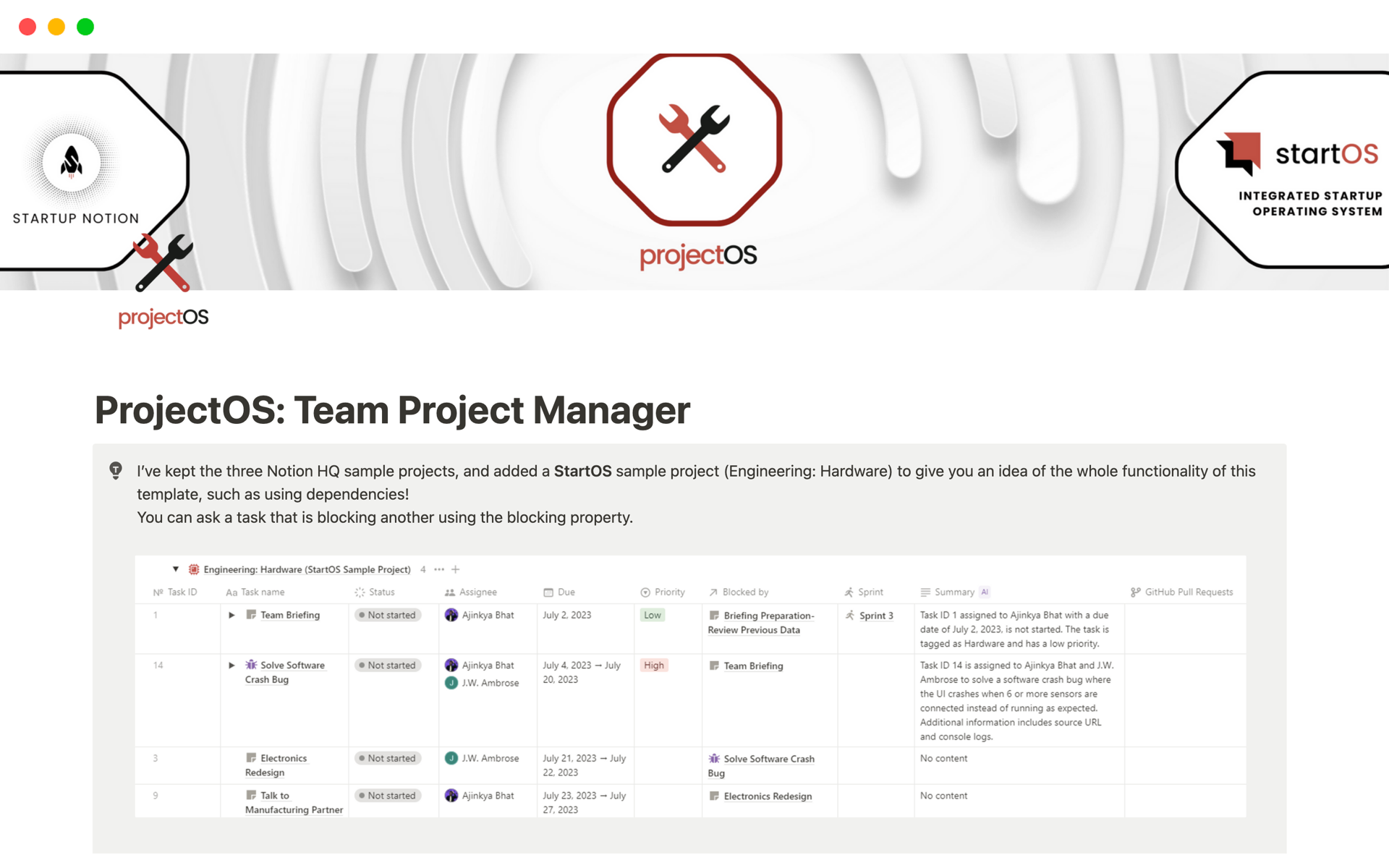 Eine Vorlagenvorschau für ProjectOS: Team Project Manager